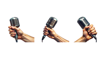  Vintage Microphone with Hand in Dynamic Speaking Pose, Side Angle Graphic Art, Isolated PNG