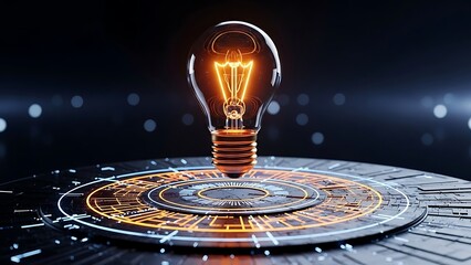 Glowing lightbulb on circular electronic circuit board with orange and white lines on dark background