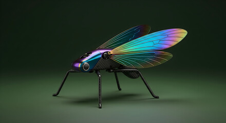 Metallic iridescent robotic dragonfly with rainbow wings on a dark green background