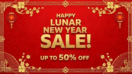 Lunar New Year sale banner with gold text and decorations on red background