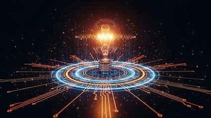 Glowing lightbulb with blue and orange circuits on black background blue circuits