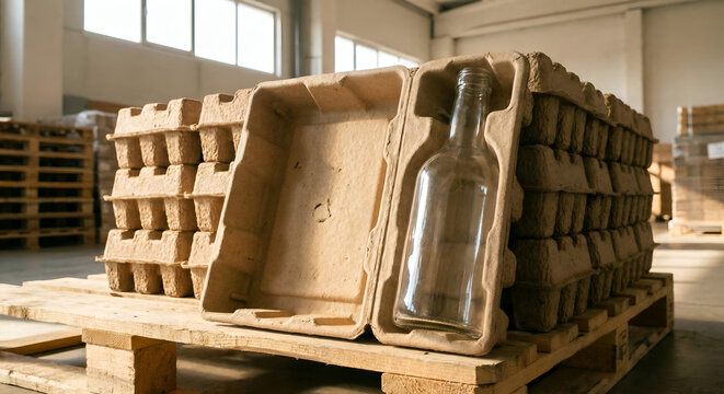 Eco-friendly Molded Pulp Packaging Holding Plain Glass Bottle. Sustainable Recycled Paper Protection in Bright Warehouse. Close-up Texture.