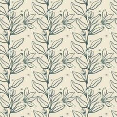 Seamless Hand Drawn Botanical Leaf and Flower Line Art Pattern