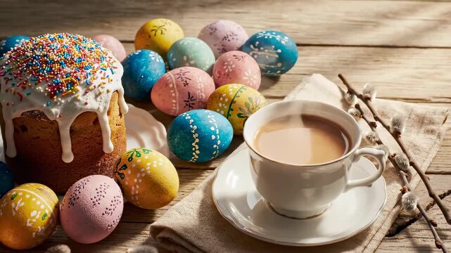 Easter cake sits on wooden table with colorful eggs and coffee cup nearby. Bright decorations enhance festive atmosphere. Concept of baking, family gatherings, holiday celebrations