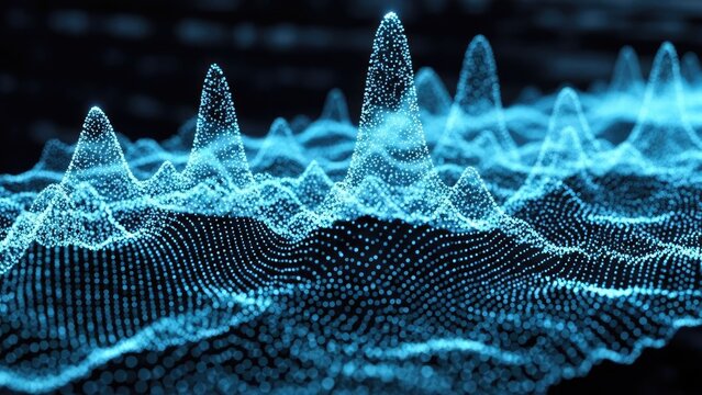 A futuristic digital landscape with glowing blue data points and waves
