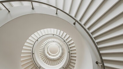 Fototapeta premium A spiral staircase with a sleek metal railing and white steps