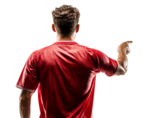 Male athlete in a red sports jersey with white stripes is seen from behind, pointing his index finger with a muscular arm in a gesture of command or direction