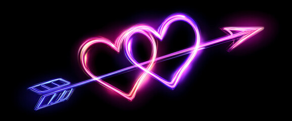 Two Intertwined Neon Hearts with Arrow Love Symbol on Dark Background,