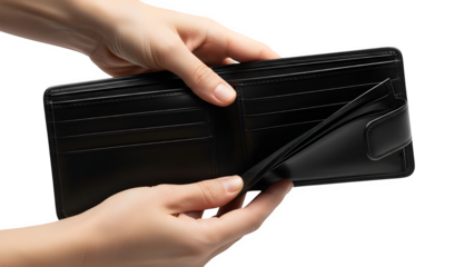 Hands holding and opening a black leather wallet isolated on transparent background