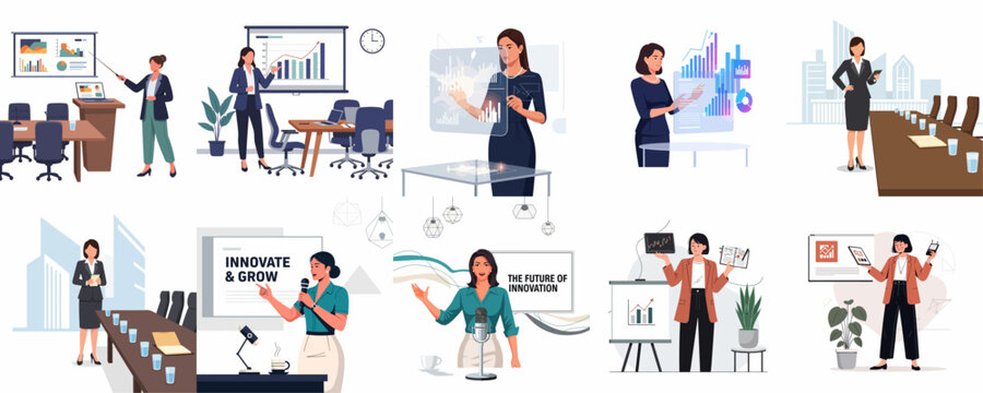 Modern business women illustrations set showing presentations, data analysis, innovation, corporate leadership, and growth strategies in various professional settings.