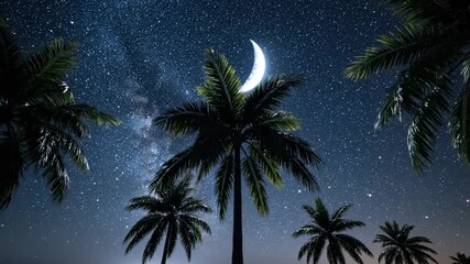 Stunning night sky with crescent moon and palm trees silhouette.