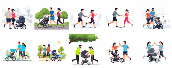 Fototapeta premium Vector set of couples and parents exercising outdoors, running and jogging, many pushing baby strollers for fitness and active lifestyle.