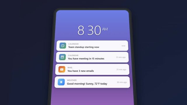 Productivity push notifications on smartphone lock screen with email calendar meeting reminders task alerts and work messages throughout busy day animation