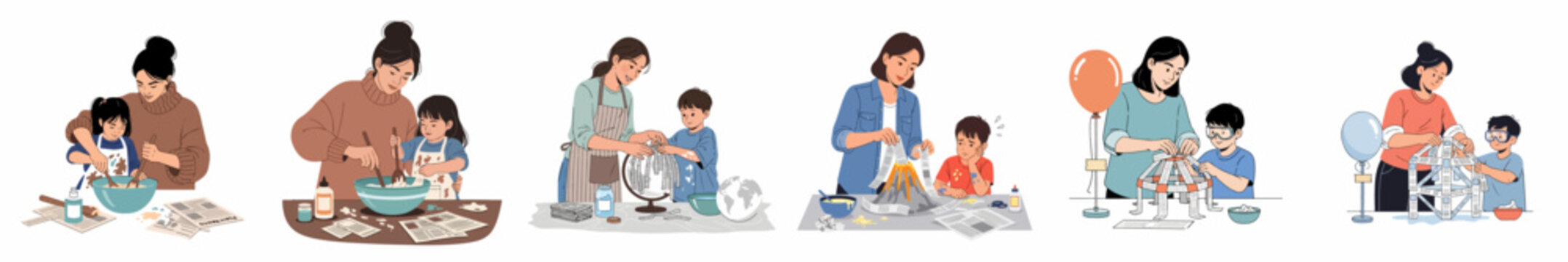 Parent and child learning together: A series of illustrations depicting DIY crafts, science projects, and educational activities using paper m&acirc;ch&eacute;.