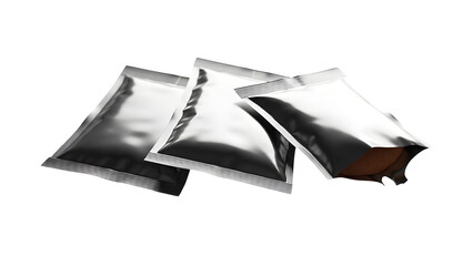 Naklejka premium Three shiny silver foil packets isolated on transparent background