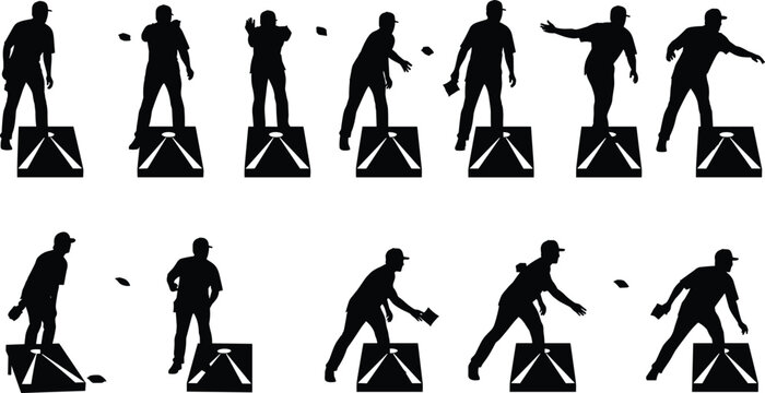 Cornhole player silhouette icons set, lawn game graphics, bean bag toss, outdoor activity, black design, sports motion illustrations