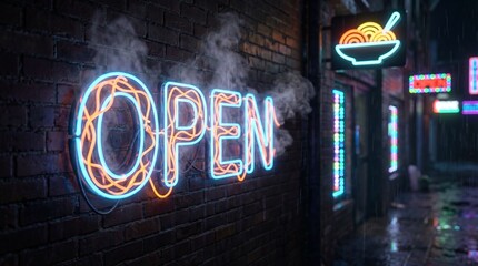 Neon open sign made of glowing noodles on brick wall, creative spaghetti typography for ramen shop, night street food atmosphere with steam and rain, 3d illustration, restaurant, dinner, asian, bar.