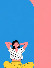 明るい背景の上の女性が座ってリラックスして微笑んでいます