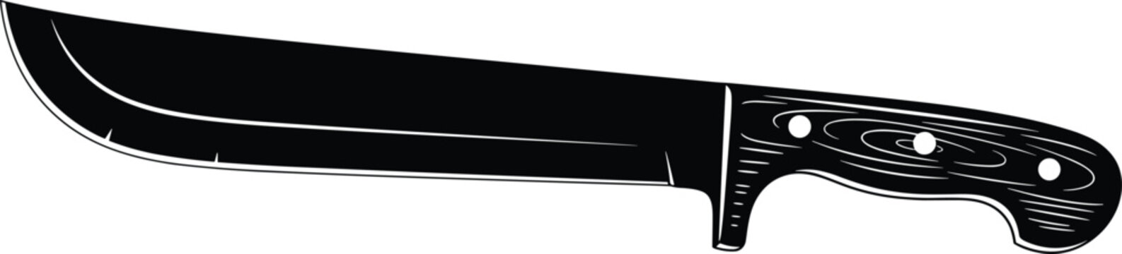 Survival machete knife with wooden handle for camping and hunting, outdoor bushcraft tool icon, cad drawing flat vector illustration, isolated on white background.