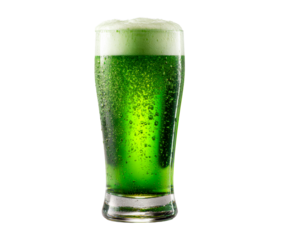 Tall frosty glass of vibrant green beer with a thick foamy head and sparkling carbonation bubbles, a festive beverage for a holiday celebration