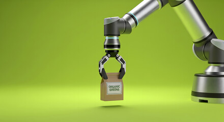 Robotic arm holding a small cardboard shipping box for logistics and delivery automation