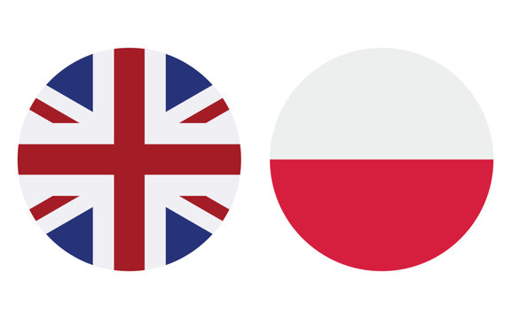 united kingdom and poland round flag icons set, uk and polish circular national flags isolated on white, european vector illustration