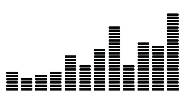 Keywords: Black audio equalizer bars on a white background with varying heights sound music