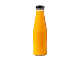 Clear glass bottle filled with vibrant orange liquid, sealed with a black cap