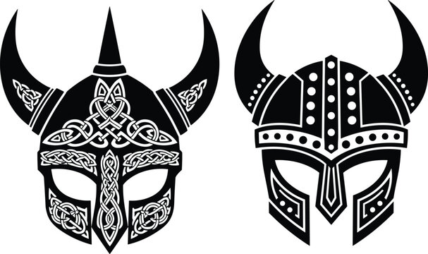 Viking helmet set with celtic knot patterns and horns, norse warrior headgear icons, ancient gladiator armor symbols, cad drawing flat vector illustration, isolated.