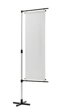 Vertical Promotional Banner Mockup on Adjustable Black X-Stand, Blank Poster Template for Marketing and Retail Displays, White Background on transparent background, PNG
