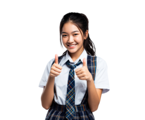 Happy young Asian female student in a school uniform gives two thumbs up while smiling cheerfully at the camera in a positive studio portrait