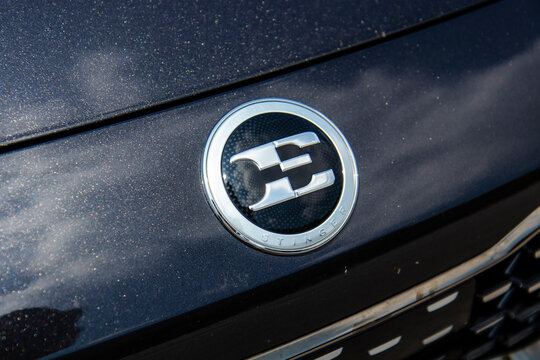 June 27, 2021, Seoul, South Korea - Close-up of the 'E' emblem on a Kia Stinger Meister 3.3T