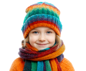 Happy little girl in a colorful knitted rainbow hat and scarf looks at the camera with a joyful smile, her warm winter clothes lightly dusted with snow