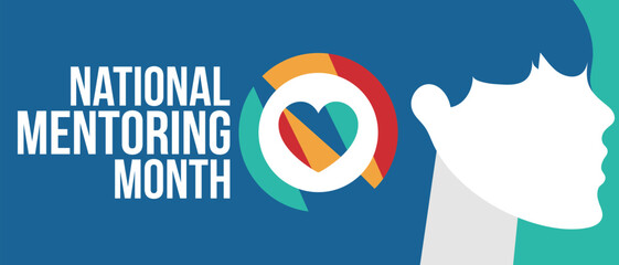 National Mentoring Month in January. Celebrate annual in United States. Personal mentor, coach or teacher. Free knowledge. Education concept. Helping a student in study, training. Vector poster