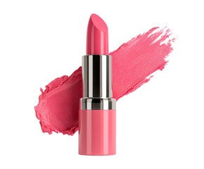Open tube of vibrant pink lipstick with a shiny silver case, presented with a creamy and textured cosmetic smear showing its rich, saturated color and smooth consistency