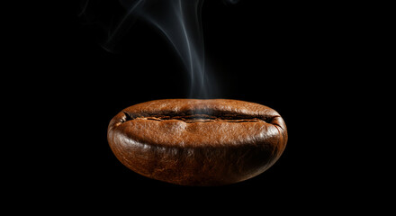 Steaming roasted coffee bean on dark background
