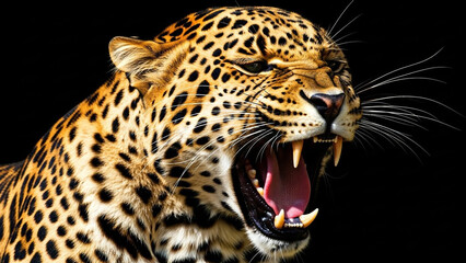 Fototapeta premium A close-up of a leopard with its mouth open, showcasing its sharp teeth and powerful roar in a dark background.