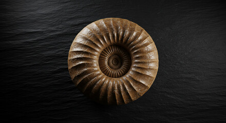 Spiral ammonite fossil on dark background