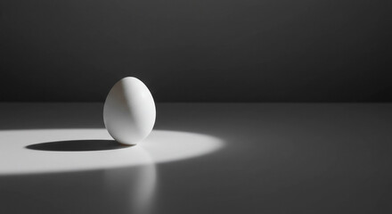 Single white egg on dark surface with dramatic lighting
