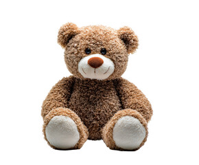 Obraz premium Classic brown fluffy teddy bear toy with a friendly smile and soft curly fur is sitting and looking forward in a charming studio portrait