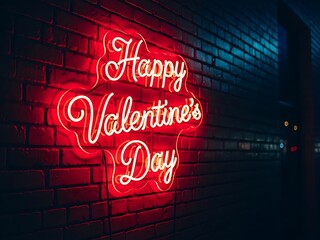 Valentine's Day neon sign on a brick wall at night with red glow
