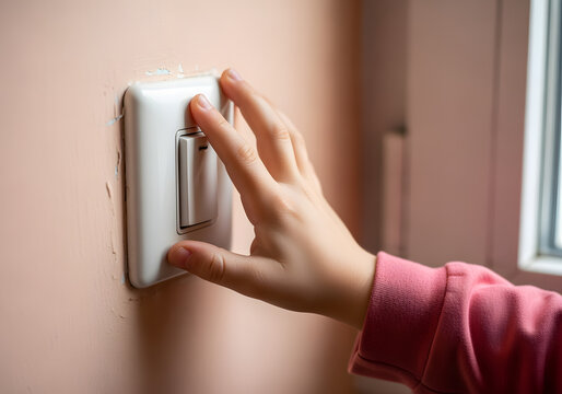 Child turning off light switch finger pressing button for power conservation
