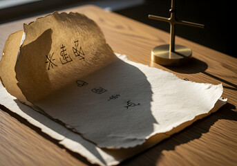 Coded message on paper with secret cipher text and cryptography symbols