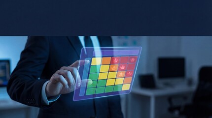 Businessman Interacting with Digital Risk Management Matrix Display