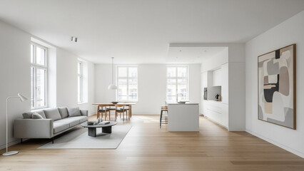 Fototapeta premium A modern and minimalist living room with a dining area and kitchen in a bright and airy open-plan space