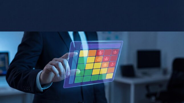 Businessman Interacting with Digital Risk Management Matrix Display - Powered by Adobe