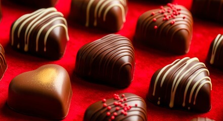 Obraz premium Delicious Heart-Shaped Chocolates on Red: A Sweet Indulgence for Love