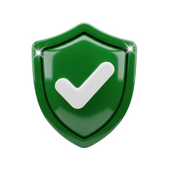 3d rendered green shield with checkmark isolated on transparent background