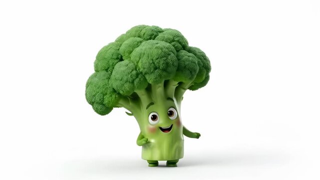 Adorable broccoli character dancing gently with a sweet smile, 3D cartoon style on white background, great for healthy food visuals and kids content.