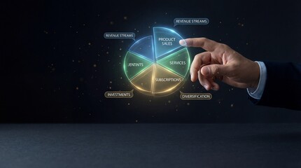 Hand Touching Digital Pie Chart of Revenue Streams and Diversification